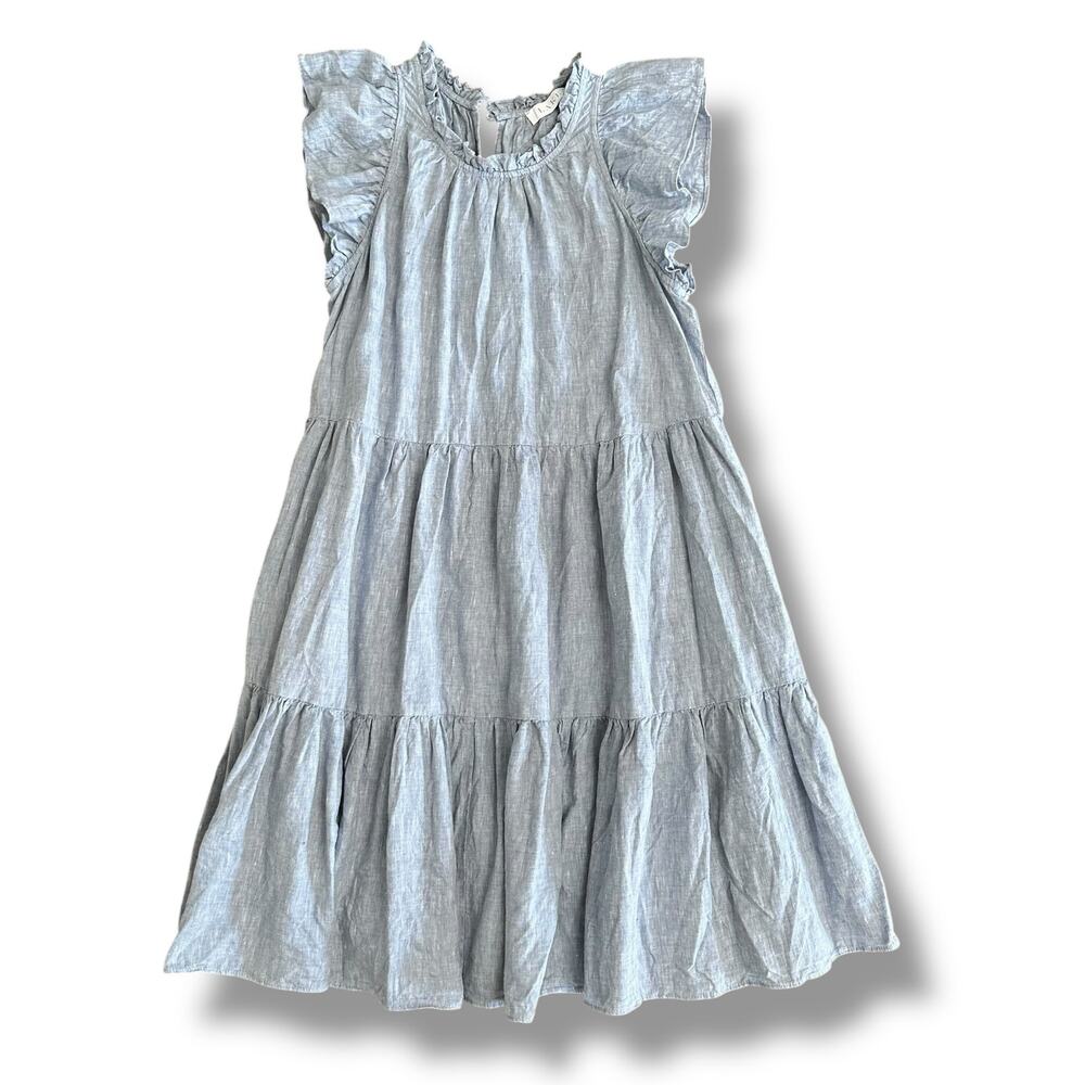 Lake 100% Linen Tiered Ruffle Sleeve Midi Dress Blue Gray Size M Cottagecore